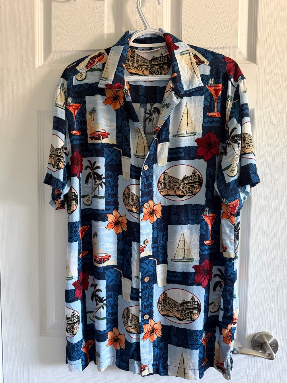 Men's Navy Blue Tropical Print Hawaiian Beach Short-Sleeve Shirt Sz Medium